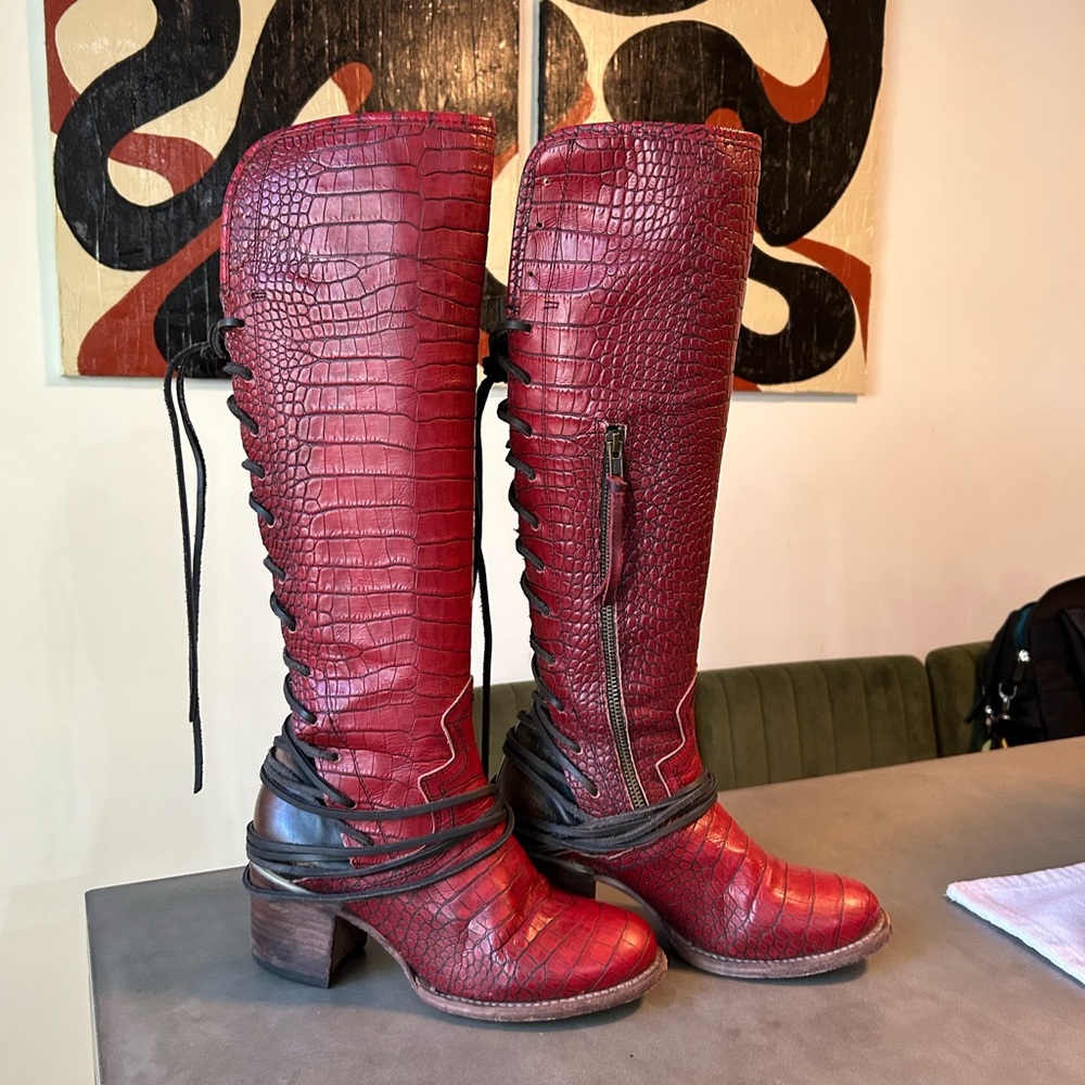 Coal - Red Crocodile-Embossed Knee-High Boots